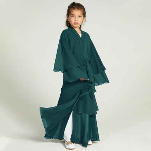 Kids Abayas Dress for Girls Muslim Dress with Hijab Chiffon Layered Islam Kaftan Robe Open Front Cardigan Prayer Dress - color: Dark Green, size: 7-8 Years
