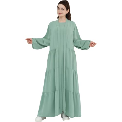 Women Muslim Abaya Dress 2PCS Soft Flowing Cardigan Dress Set Islamic Dubai Modest Kaftan Prayer Robe - color: Light Green, size: Small