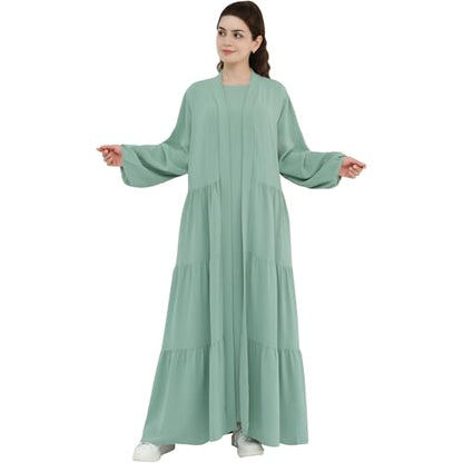 Women Muslim Abaya Dress 2PCS Soft Flowing Cardigan Dress Set Islamic Dubai Modest Kaftan Prayer Robe - color: Light Green, size: Small