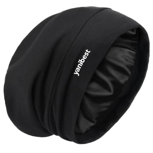 YANIBEST Slouchy Beanie Hat Satin Lined Sleep Cap Satin Bonnet Chemo Headwear Caps for Women and Men Pure Black - color: Aa-pure Black, size: Medium