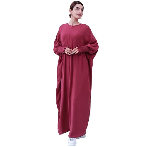 khalat Womens Muslim Prayer Dress Front Zipper Kaftan Islamic Robe Modest Solid Abayas for Women Muslim - color: Dark Red