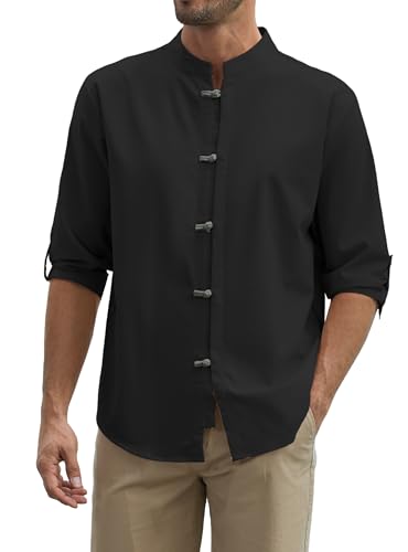 Zaitun Mens Cotton Linen Shirts Casual Buttons Down Roll-Up Sleeve Shirt Summer Chinese Style T-Shirts - color: Black, size: X-Large