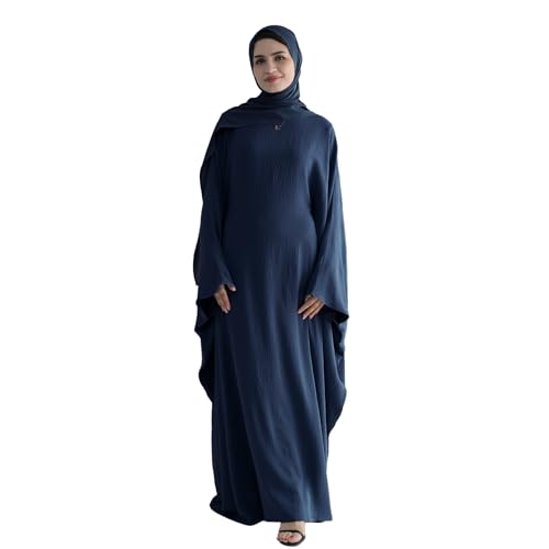 Abaya Muslim Women Dress Batwing Sleeve Loose Maxi Modest Islamic Clothes Prayer Dress with Hijab Scarf - color: Navy