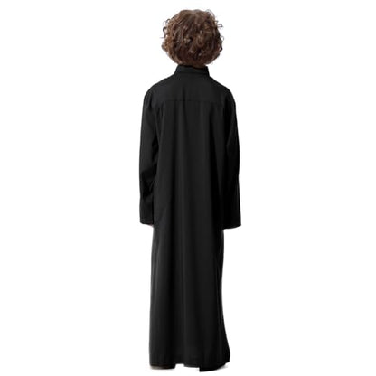 IDOPIP Muslim Thobe for Boys Kids Long Sleeve Islamic Arabic Kaftan Robe Middle East Dubai Prayer Dress Clothes with Pockets - color: Black, size: 4-5T