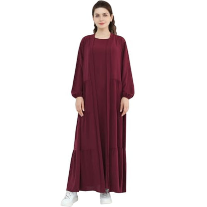 Women Muslim Abaya Dress 2PCS Soft Flowing Cardigan Dress Set Islamic Dubai Modest Kaftan Prayer Robe - color: Wine Red, size: Small
