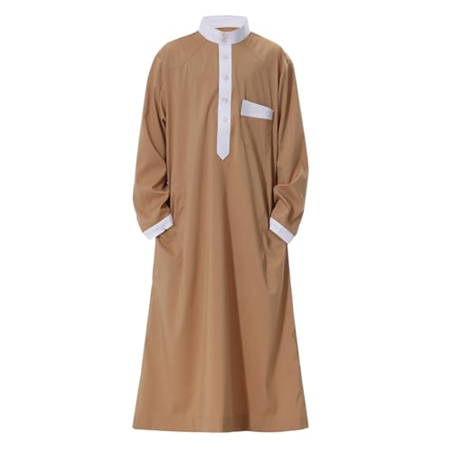 Arabic Thobe for Muslim Boys Eid Outfit Long Sleeve Kaftan Kids Prayer Dress Boys Muslim Thobe Ramadan Islamic Clothing - color: Brown, size: 13-14 Years