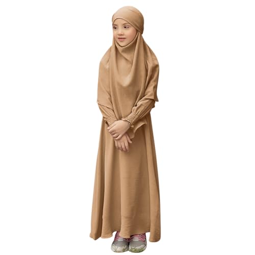 IDOPIP Muslim Dress for Girls Islamic Prayer Abaya Smocked Long Sleeve Kaftan Robe Dresses with Hijab Ramadan Dubai Outfits - color: Khaki, size: 11-12 Years