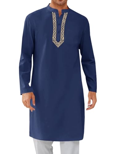 Runcati Mens Kaftan Thobe Button Down Casual Henley Shirts Long Sleeve Robe Cotton Linen Muslim Gown Shirt - color: Navy, size: Medium