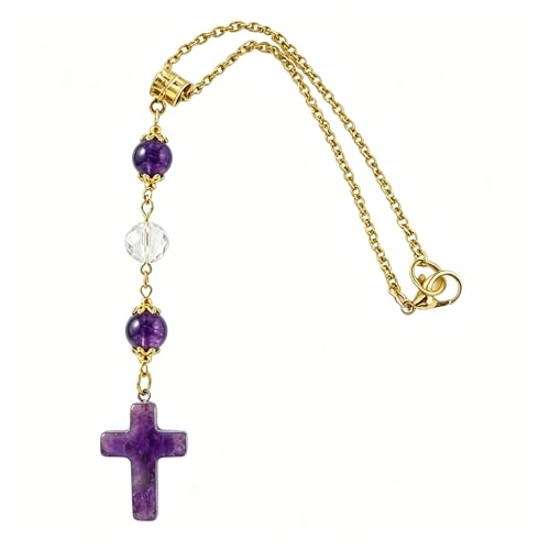 Car Rosary, Amethyst Crystal Cross Boho Handmade Rosary for Car Rearview Mirror Hanger Sun Catcher Ornament Accessories, Decor Item(Purple) - color: Purple