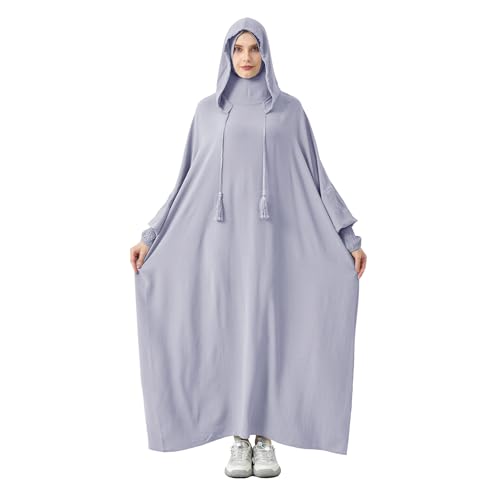 Abaya Muslim Dress Women Prayer Dress Long Sleeve Hooded Loose Maxi Dress Arabian Dubai Islamic Clothes - color: Gray