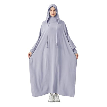 Abaya Muslim Dress Women Prayer Dress Long Sleeve Hooded Loose Maxi Dress Arabian Dubai Islamic Clothes - color: Gray