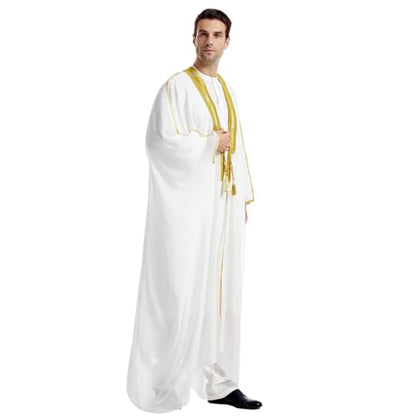 Muslim Thobe for Men Kaftan Robe Ramadan Abaya Prayer Dress Chiffon Open Front Embroidered Cardigan Islam Dubai Thobe Kimono - color: White, size: Large