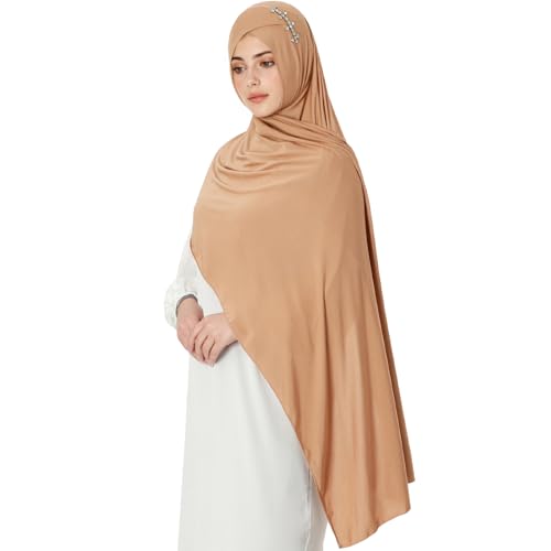 khalat Instant Hijab 여성용 무슬림 샤이니 라인스톤 데일리 스카프 부드럽고 신축성 있는 단색 이슬람 기도 히잡 - color: 카키