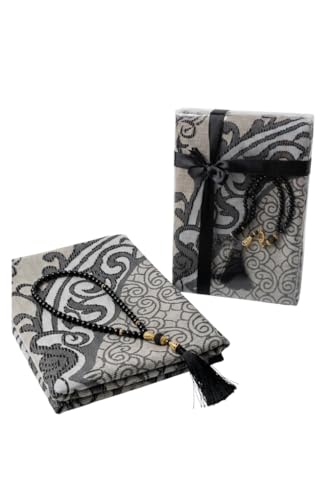 Premium Islamic Prayer Mat Set - Perfect Ramadan Gift for Men & Women - Elegant Tasbih & Luxury Pouch - Portable Sajadah Janamaz Set for Eid, Umrah & Daily Namaz - color: Black