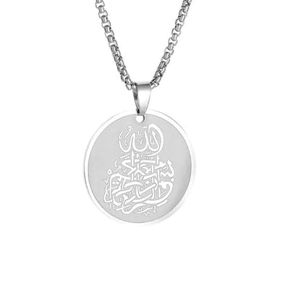 Classic Stainless Steel Islamic Muslim Quran Allah Medal Pendant Necklace Fashion Casual Amulet Jewelry for Men and Women - color: silvery