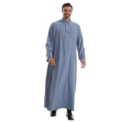 IWEMEK Muslim Thobe for Men Kaftan Thobe with Pockets Middle East Saudi Arabic Robe Ramadan Caftan Dubai Islamic Abaya Dress - color: Blue, size: Large