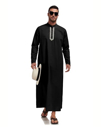 Jacansi Men's 65% Cotton 35% Linen Kaftan Robe, Henley Button Down Thobe, Long Sleeve Casual Gown with Pockets - color: Black, size: XX-Large