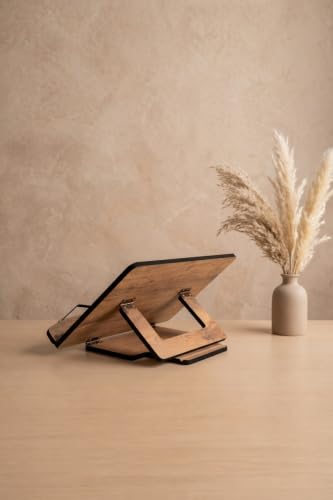 Adjustable Wooden Book Stand for Reading and Quran - Ergonomic Desktop Rahle with 4-Level Tilt Mechanism, Sturdy MDF Construction, and Flexible Metal Page Holders - Appropriate for Books and Tablets