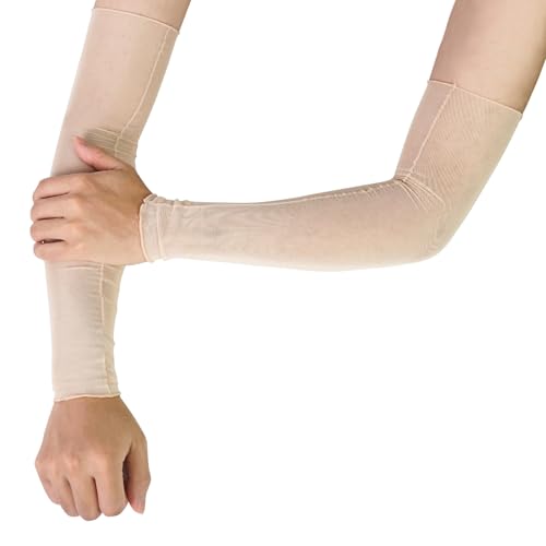 Luwint Long Sheer Arm Sleeves for Women, 2 Pairs Mesh Arm Cover Outfit Accessories (Black/Beige)