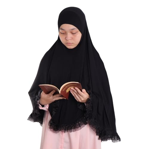 MuLanLegend Handmade | Princess Nur Lace Prayer Dress | Muslim Girl Head Wear Salat Long Hijab - color: Black