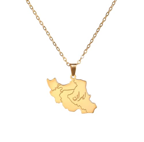 Iran Map Necklace Iranian Flag Persian Calligraphy Pendant Patriotic Heritage Pride Peace Jewelry Souvenir Series Gifts for Women Men - color: “ایران” - Iran map gold