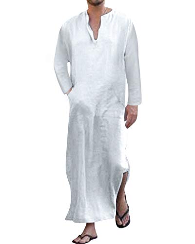 Jacansi Men's 65% Cotton 35% Linen Kaftan Thobe, Long Sleeve Casual Arabic Robe, Loose Long Gown with Pockets - color: White #1, size: 3X-Large