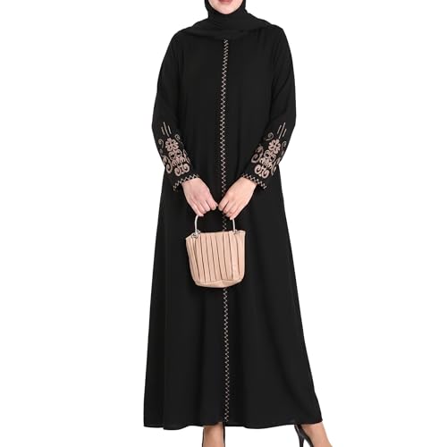 Women's Embroidered Sleeves Abaya and Embroidered On The Side of The Zipper Long Sleeve Floor Length Turkish Fashion - color: Black, size: Large