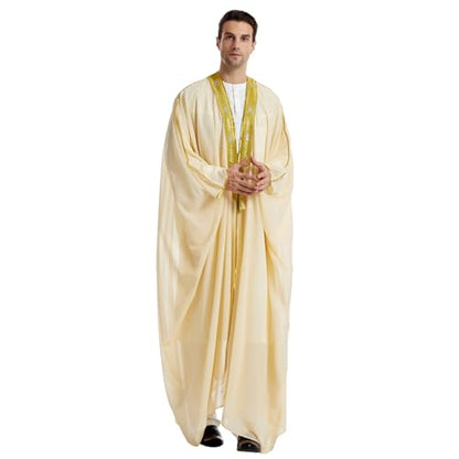 FYMNSI Men's Robe Muslim Clothes Kimono Loose Abaya Dresses Long Sleeve Embroidered Chiffon Kaftan Casual Formal Dubai Thobe - color: Beige, size: Medium