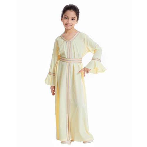 Girls Abaya Muslim Dress Hijab Islamic Kids Kaftan Long Sleeve Modest 2 Piece Set Prayer Gown Middle East A2 - color: Yellow, size: 4-5 Years