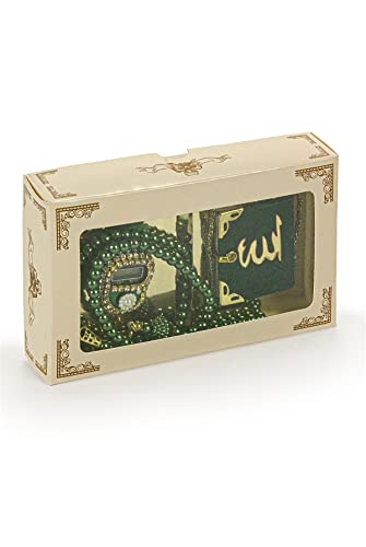 İhvan Online Mini Velvet Quran Set with Islamic Finger Counter, Portable Digital Tasbeeh, Muslim Prayer Beads, Pearl Zikirmatic Beads, 3 Pieces Gift Set for Mevlüt, Green - color: Green