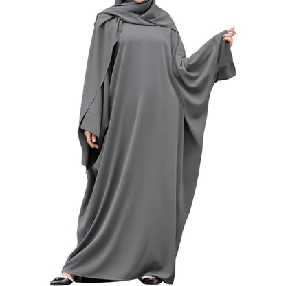 IDOPIP Abayas for Women Muslim Dress with Hijab, One-Piece Long Sleeve Islamic Prayer Dress with Khimar Jilbab Kaftan Clothes - color: Gray (1pc Dress Only)