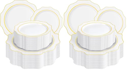 WDF 100PCS White and Gold Plastic Plates - Gold Disposable Plates - Include 50 Dinner & 50 Dessert Plate for Party - Heavy Duty Fancy Plastic Plate for Wedding/Thanksgiving/Bridal shower (Pack of 2) - color: White and Gold, size: 100 (Pack of 2)