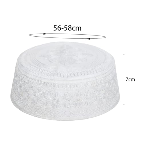 SIQITECHNO Men Muslim Prayer Kufi Hat Embroidered Kofia Topi Islam Kufi Hat Arab Hajj Mosque Prayer Headwear Ramadan Eid - color: White