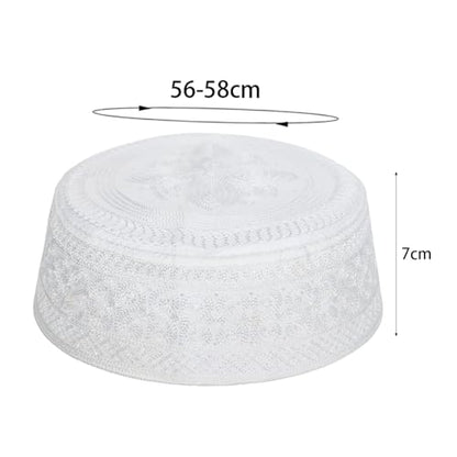 SIQITECHNO Men Muslim Prayer Kufi Hat Embroidered Kofia Topi Islam Kufi Hat Arab Hajj Mosque Prayer Headwear Ramadan Eid - color: White