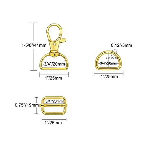 WAFJAMF Metal Snap Hook Ring Bulk 30 Pcs, Swivel Clasp Buckle and Non-Welded D Ring 10 Pcs, Adjustable Rectangular Buckle (3/4' Inside Width - Gold) - color: Gold, size: 3/4” Inside Width