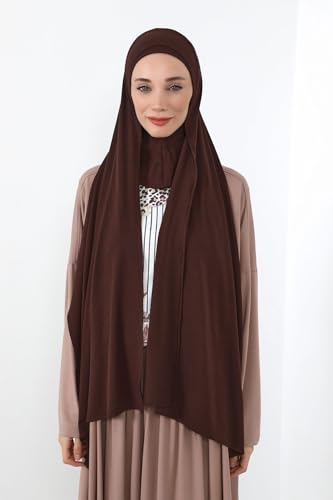 Aisha's Design Neck-Covering Practical Jersey Hijab with Built-In Ninja Bonnet - color: Brown