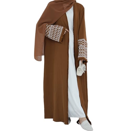 Muslim Dresses for Women Ramadan Kimono Long Sleeve Embroidered Islamic Cardigan Prayer Dress Abaya Kaftan with Belt - color: Coffee, size: Medium