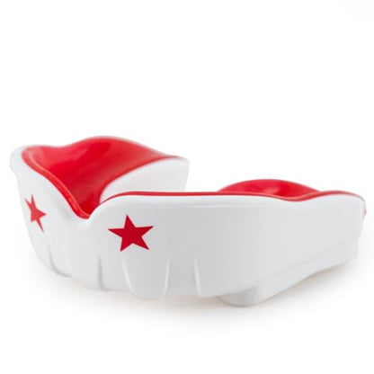YOKKAO Muay Thai Boxing Mouth Guard – Boil and Bite Mouthguard with case for All Contact Sports, Easy Breathing Mouthpiece for Adults - White/Red - color: White/Red