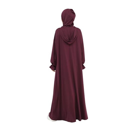 Muslim Hoodie Abaya Islamic Prayer Jilbab Maxi Robe with Inner Cap | Two-layer Cap, Prayer Abaya, Large Style - color: Wine Red