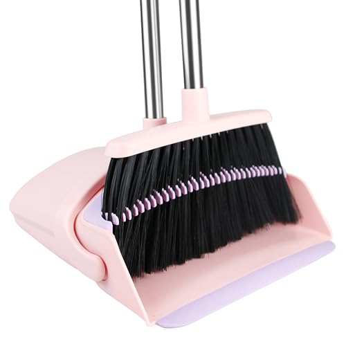 BSKLIN Broom and Dustpan Set, 52” Long Adjustable Handle Broom with Dustpan Combo Set with Dust Pan Teeth to Clean Hair for Home Lobby Office Kitchen (Small-Pink-Purple) - size: Small-pink-purple