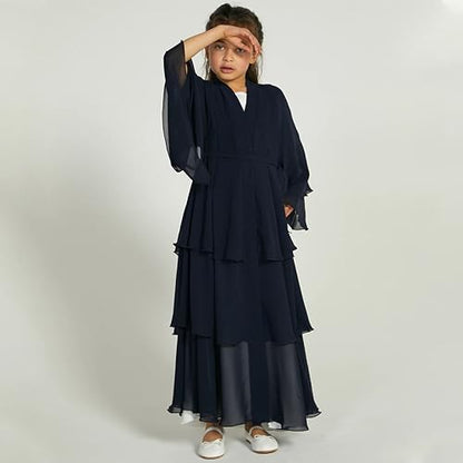 Chiffon layered Open Abaya Dubai Kaftan Muslim Cardigan Abayas Dresses For Girls Casual Robe Kimono Islam Clothing - color: Black, size: 11-12 Years