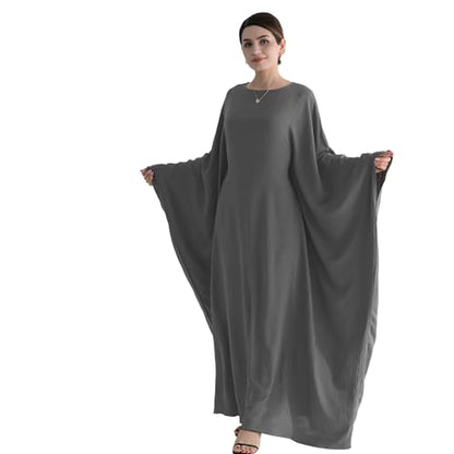 Abaya Muslim Women Dress Batwing Sleeve Loose Maxi Modest Islamic Clothes Prayer Dress with Hijab Scarf - color: Dark Gray