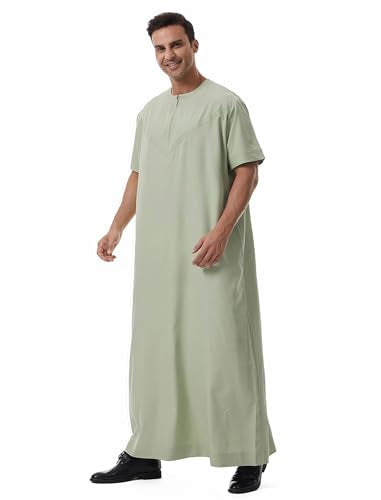Muslim Men Abaya Short Sleeve Kaftan Islamic Arab Robe Men Dishdasha Zipper Robe Ethnic Clothes Dubai Travel Thobe - color: Green, size: Large
