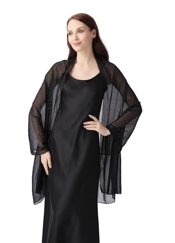 Women's Sheer Chiffon Shawl Wrap Scarf With Silver Thread,Lightweight Sparkling Rhinestone Versatile Hijab Stole - color: Black