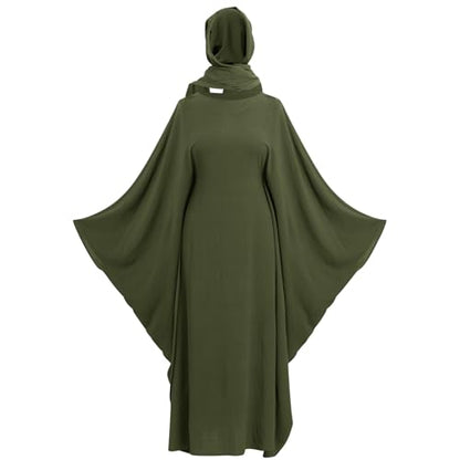 ODIZLI Abayas For Women Muslim Dubai Full Cover Kaftan Shirt Dress Batwing Sleeve Prayer Dress With Hijab - color: Army Green + Hijab, size: One Size