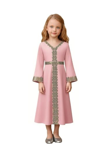 OBEEII Girls Muslim Abaya Ramadan Long Bell Sleeve V Neck Sequins Church Prayer Dress with Belt Islamic Eid Robe Kaftan - color: Pink-sequins, size: 4-5 Years