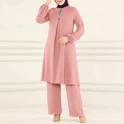 Abayas Dress For Women Muslim Long Sleeve Loose Top Pants 2 Pcs Dubai Islamic Muslim Women Matching Sets - color: Pink B, size: XX-Large
