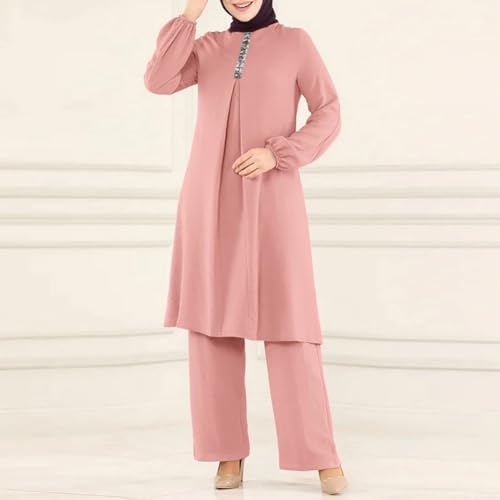 Abayas Dress For Women Muslim Long Sleeve Loose Top Pants 2 Pcs Dubai Islamic Muslim Women Matching Sets - color: Pink B, size: Large