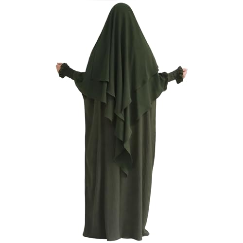 khalat Womens Muslim Prayer Dress Front Zipper Kaftan Islamic Robe Modest Solid Abayas for Women Muslim - color: Army Green+hijab