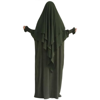 khalat Womens Muslim Prayer Dress Front Zipper Kaftan Islamic Robe Modest Solid Abayas for Women Muslim - color: Army Green+hijab